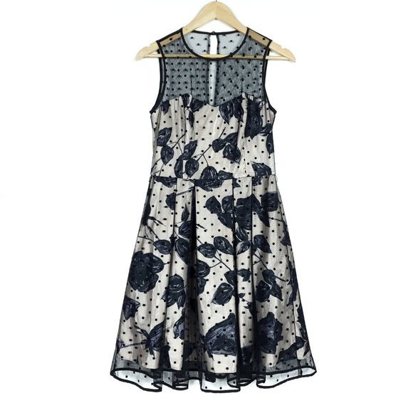 Eliza J Womens Dress 8 Black Beige Floral Mesh Sheer Crew Neck A-Line Pockets